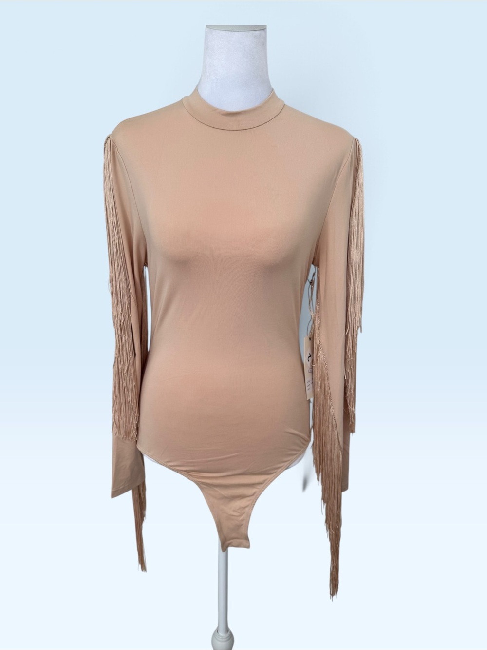 Fringe-Sleeve Long-Sleeve Bodysuit in Nude